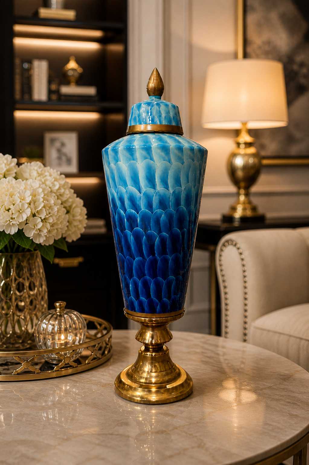 Luxury Blue Ceramic Vase with Gold Base