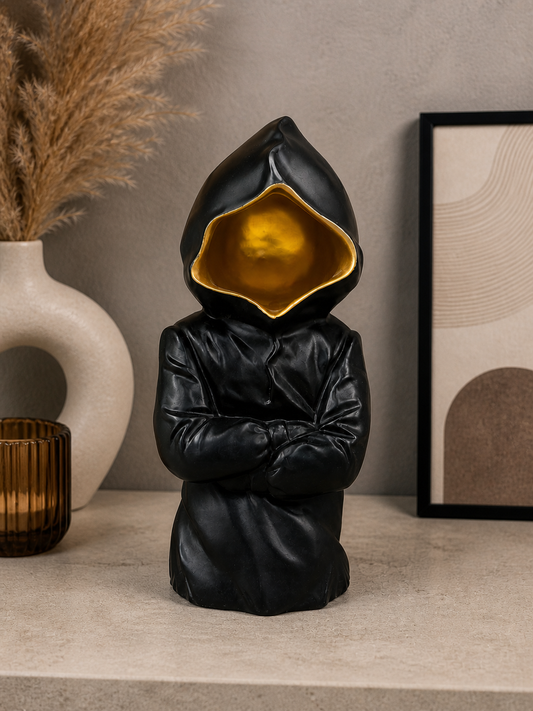 Hooded Figure Sculpture – Modern Black & Gold Minimalist Decor Statue for Home & Office