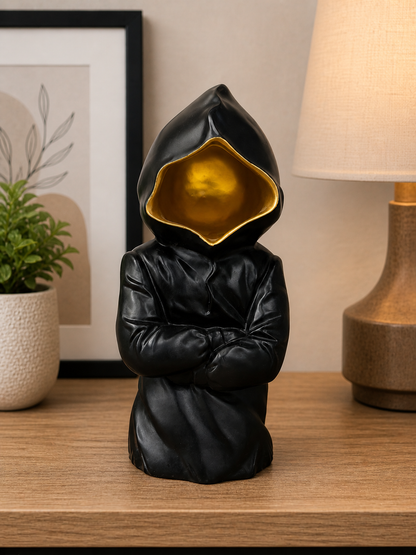 Hooded Figure Sculpture – Modern Black & Gold Minimalist Decor Statue for Home & Office