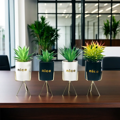 Black And White Cylindrical Pot Planter With Golden Stand