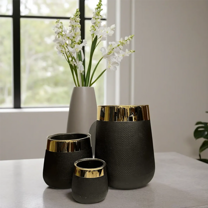 Black Fiber Pot With Golden Ring