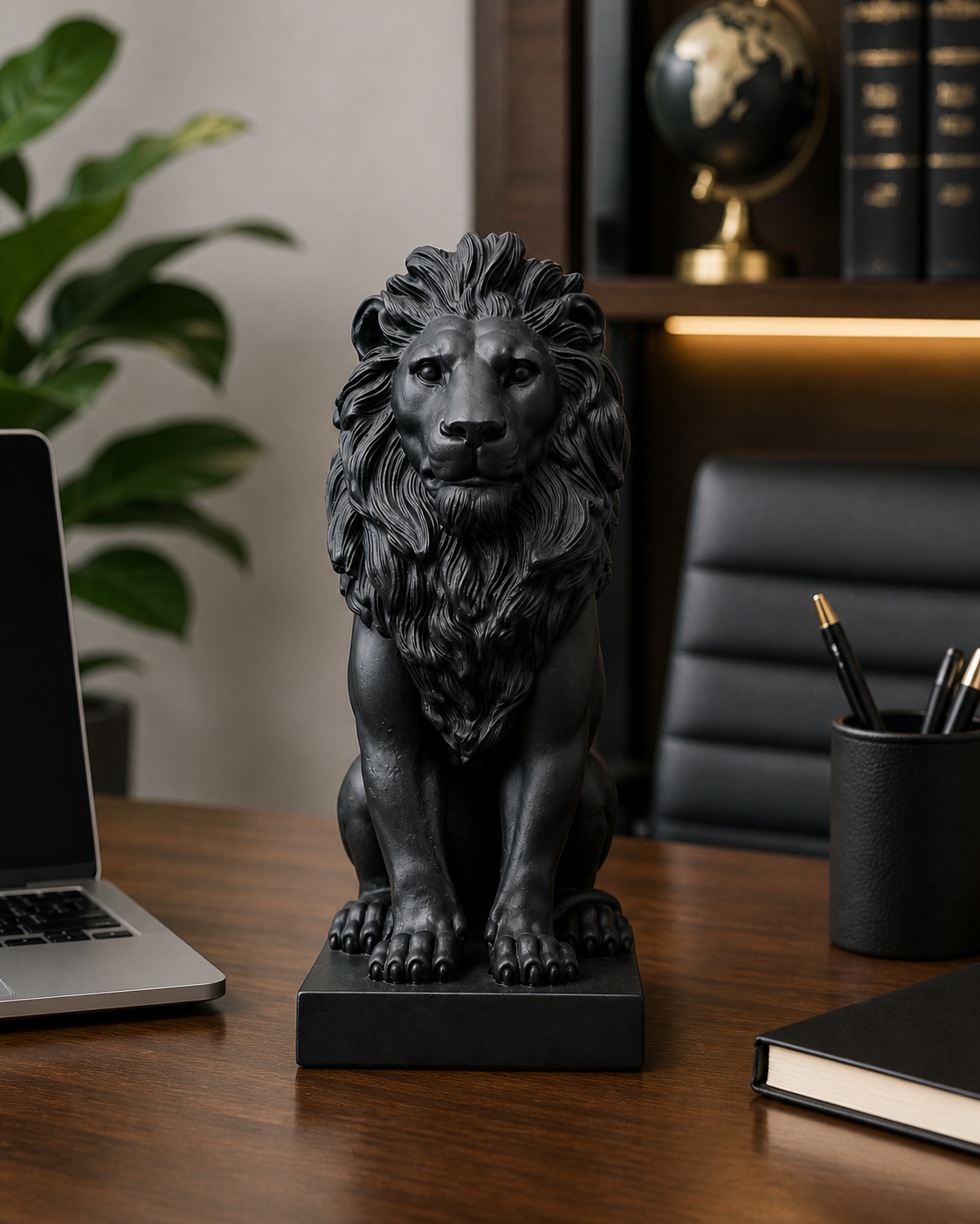 Black Lion Statue – Modern Decorative Lion Sculpture with Base