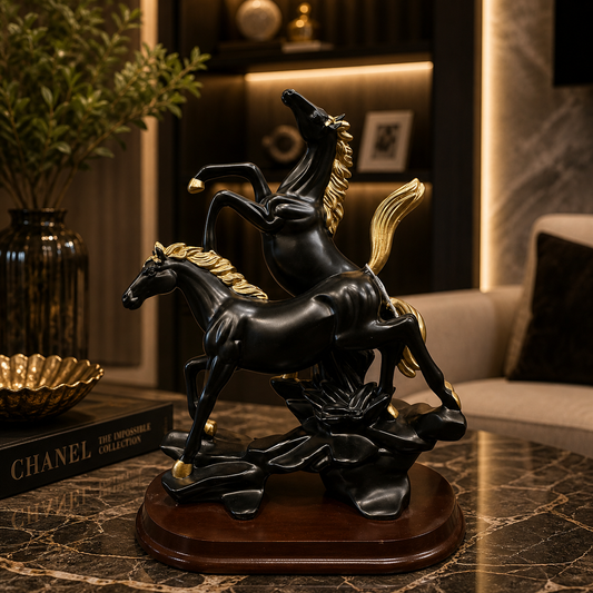 Black and Gold Galloping Horse Statue – Luxury Double Horse Sculpture