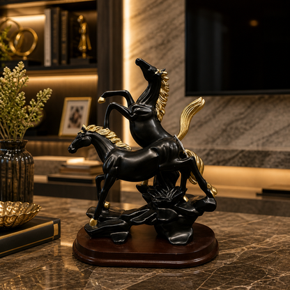 Black and Gold Galloping Horse Statue – Luxury Double Horse Sculpture