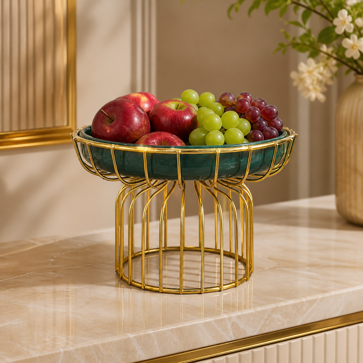 Decorative Fruit Basket – Light Luxury Green & Gold Fruit Storage Bowl