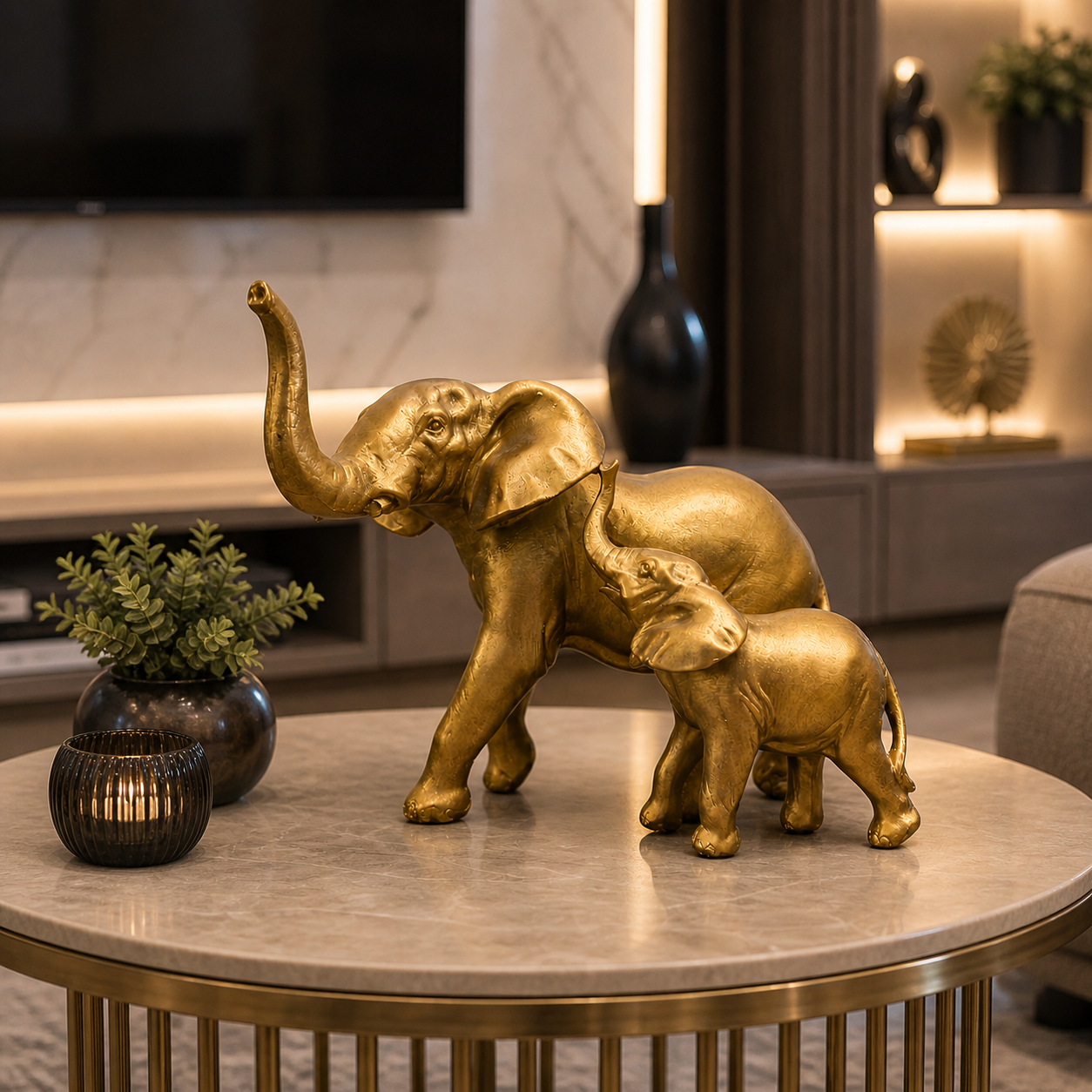 Golden Elephant Family Sculpture Set