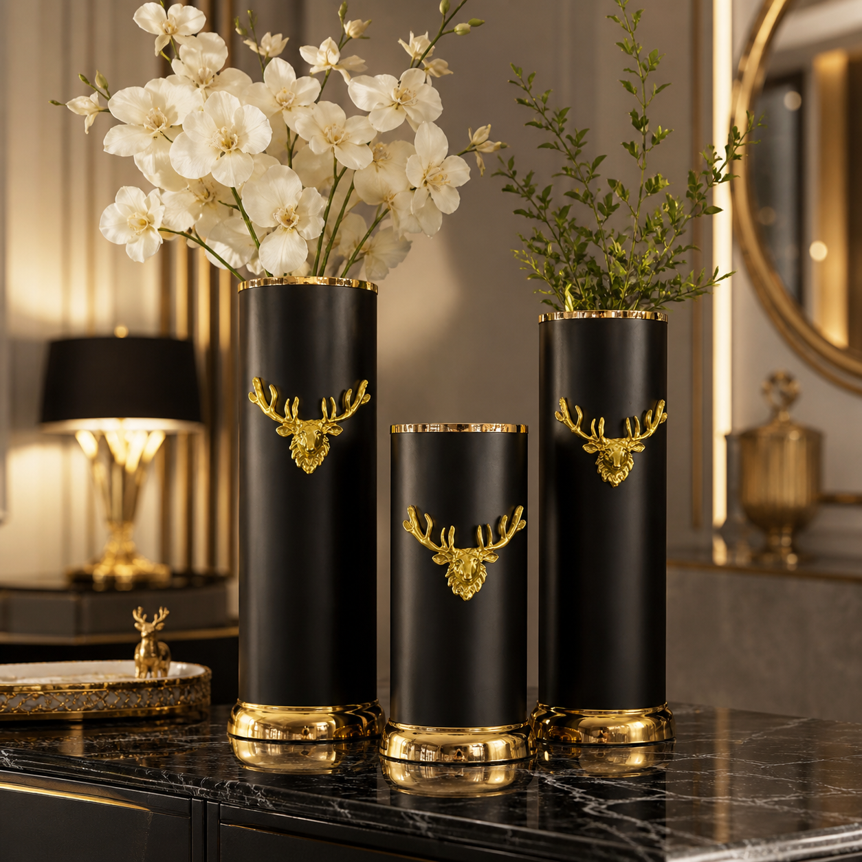 Luxury Black and Gold Decorative Vase Set