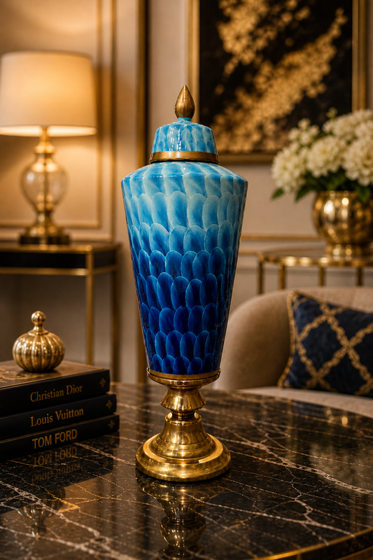 Luxury Blue Ceramic Vase with Gold Base