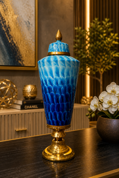 Luxury Blue Ceramic Vase with Gold Base