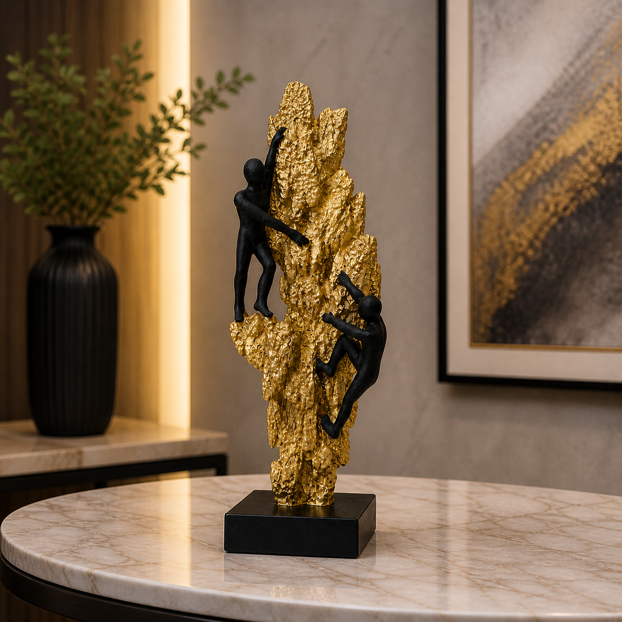 Luxury Climbing Man Sculpture – Gold Rock Mountain Decorative Statue with Black Figures