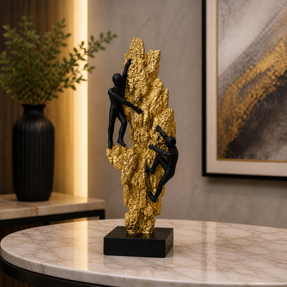 Luxury Climbing Man Sculpture – Gold Rock Mountain Decorative Statue with Black Figures