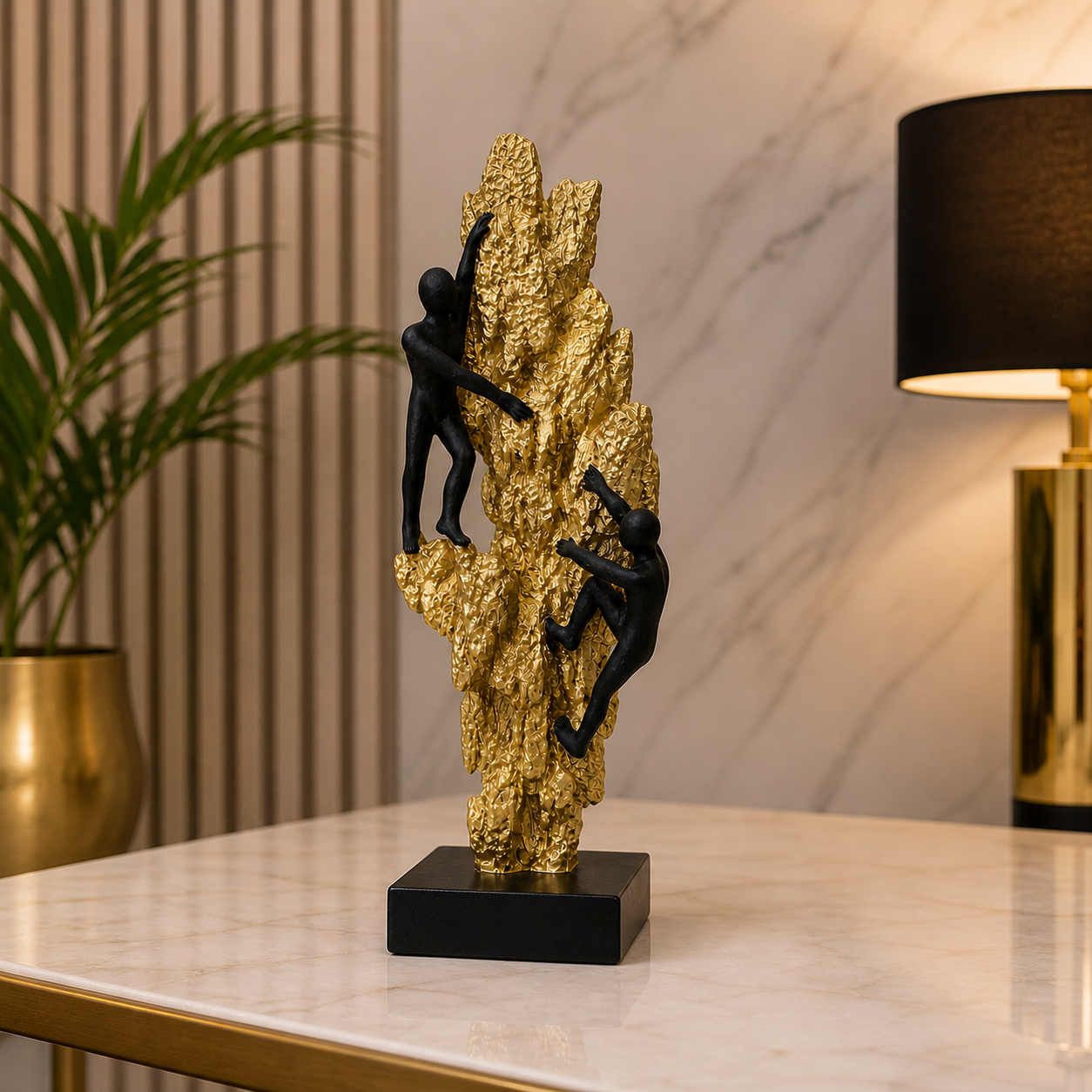 Luxury Climbing Man Sculpture – Gold Rock Mountain Decorative Statue with Black Figures