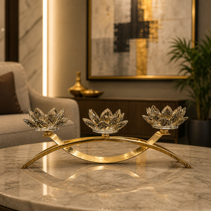 Luxury Crystal Lotus Candle Holder – 3 Arm Gold Decorative Centerpiece