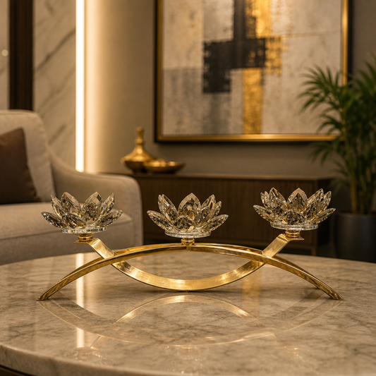 Luxury Crystal Lotus Candle Holder – 3 Arm Gold Decorative Centerpiece