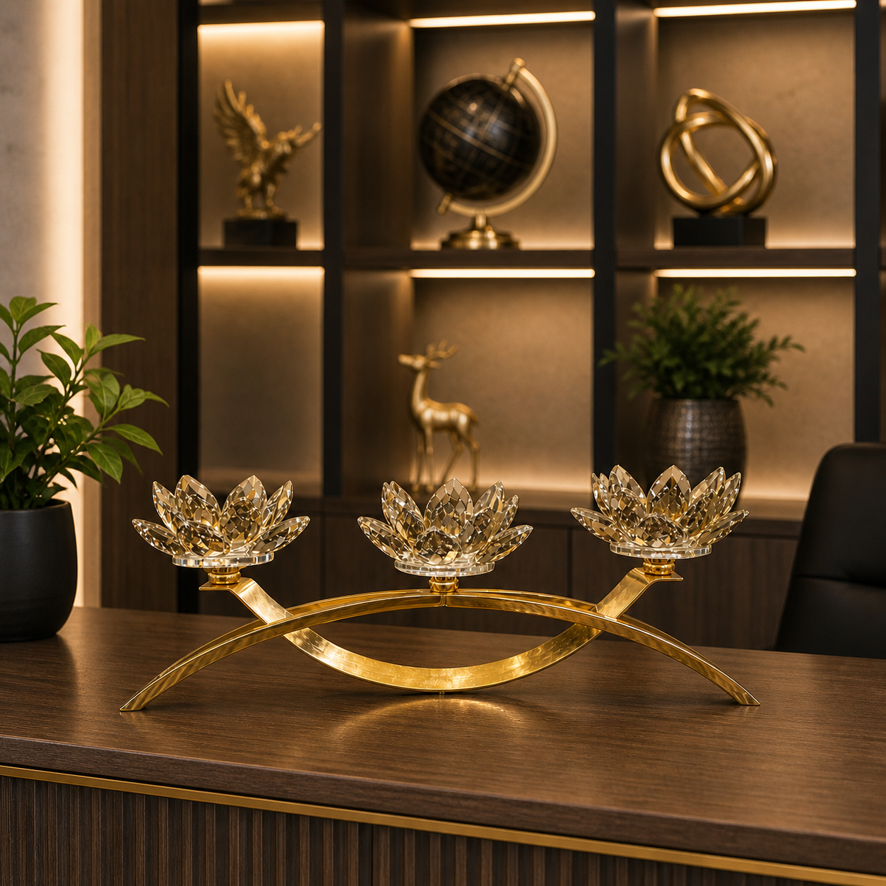 Luxury Crystal Lotus Candle Holder – 3 Arm Gold Decorative Centerpiece