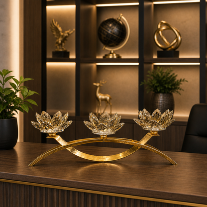 Luxury Crystal Lotus Candle Holder – 3 Arm Gold Decorative Centerpiece