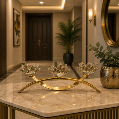 Luxury Crystal Lotus Candle Holder – 3 Arm Gold Decorative Centerpiece