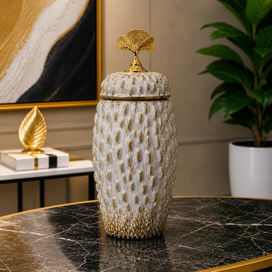 Luxury Textured Ceramic Jar with Lid – Gold Accented Decorative Vase