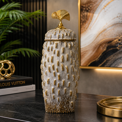 Luxury Textured Ceramic Jar with Lid – Gold Accented Decorative Vase