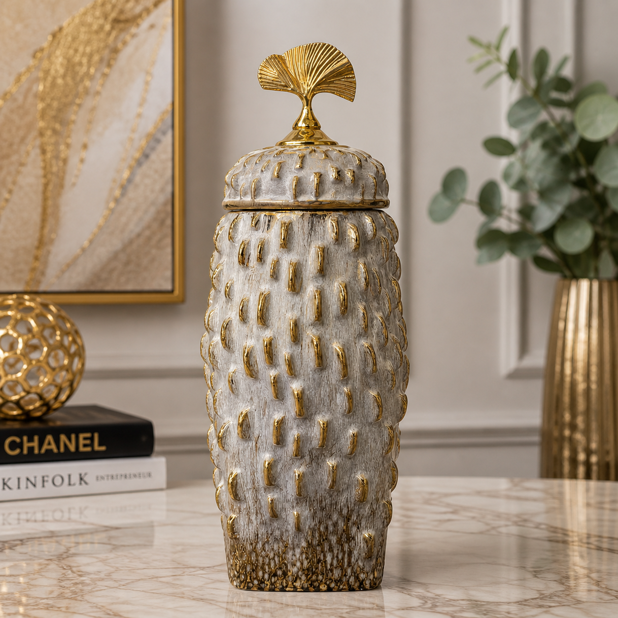 Luxury Textured Ceramic Jar with Lid – Gold Accented Decorative Vase