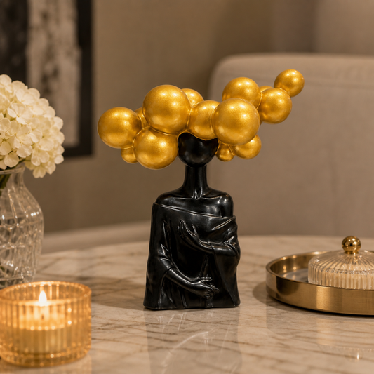 Modern Abstract Balloon Head Sculpture – Luxury Black and Gold Decorative Figurine