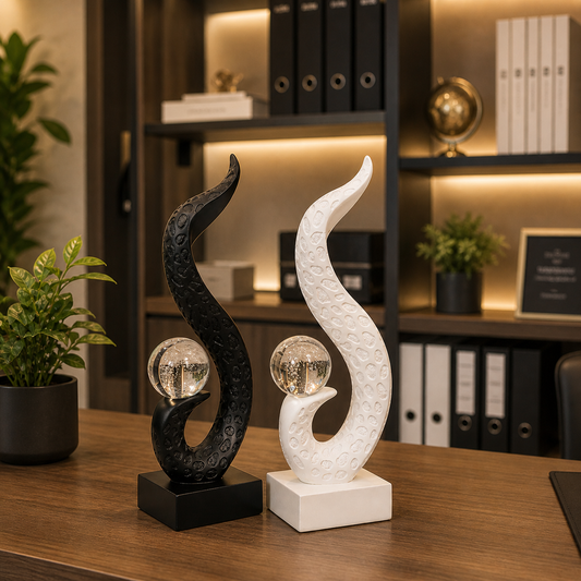 Modern Abstract Dual Sculpture Set with Crystal Sphere