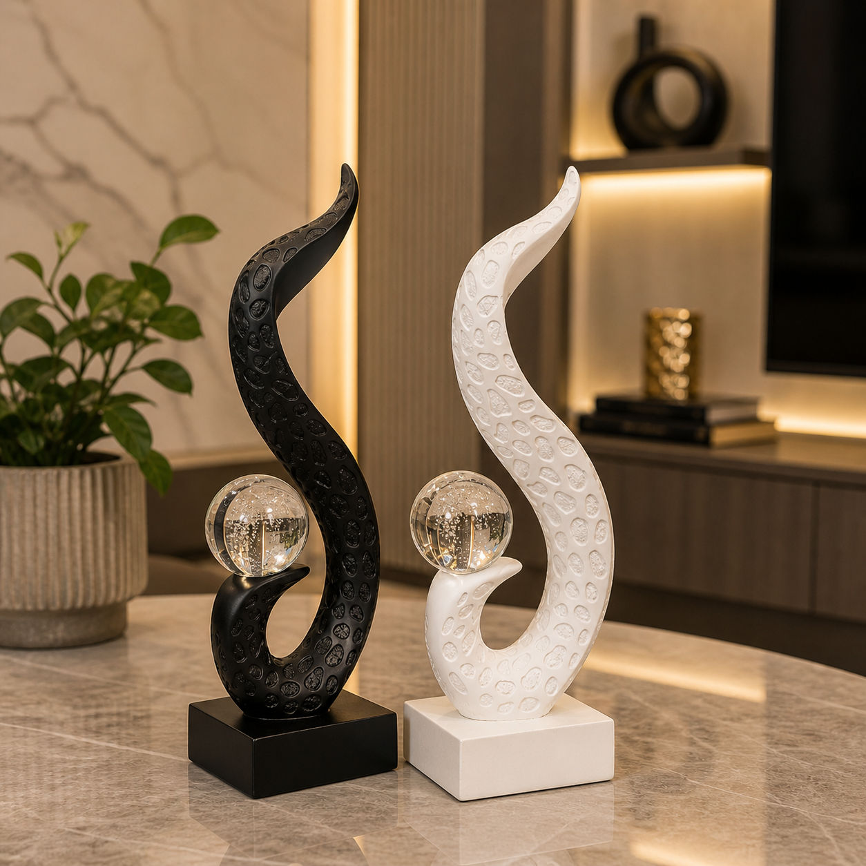 Modern Abstract Dual Sculpture Set with Crystal Sphere