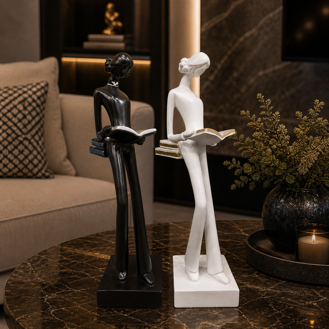 Modern Reading Figurine Set – Black and White Decorative Book Lover Sculptures