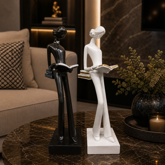 Modern Reading Figurine Set – Black and White Decorative Book Lover Sculptures