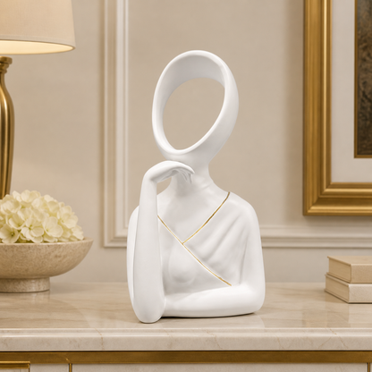 Modern White Abstract Lady Sculpture – Luxury Decorative Figurine with Gold Accent
