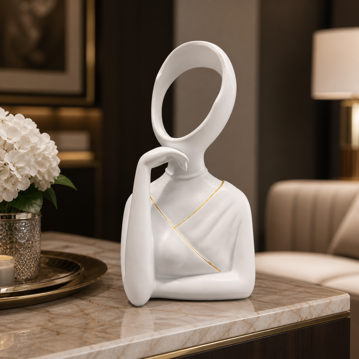 Modern White Abstract Lady Sculpture – Luxury Decorative Figurine with Gold Accent