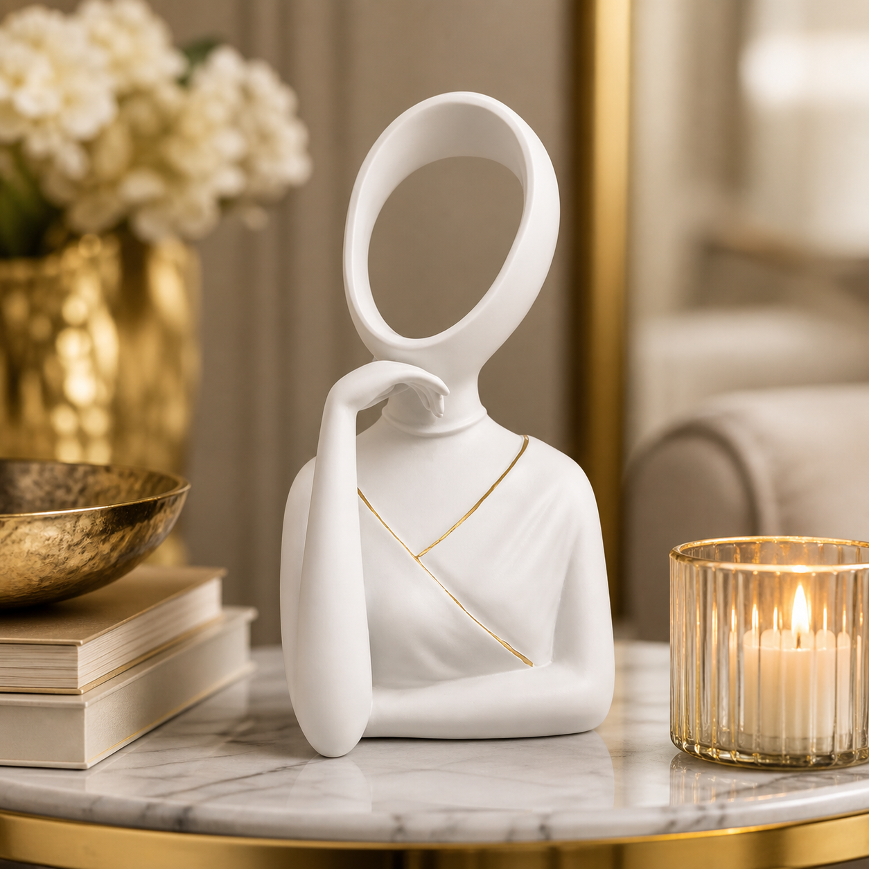 Modern White Abstract Lady Sculpture – Luxury Decorative Figurine with Gold Accent