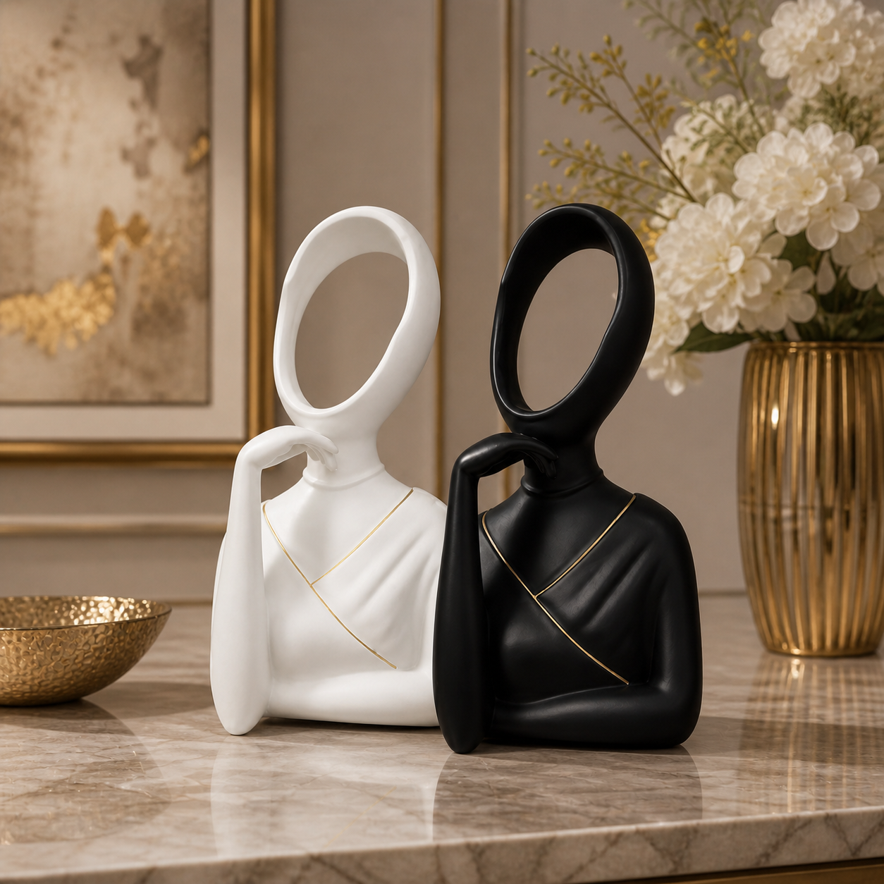 Modern White Abstract Lady Sculpture – Luxury Decorative Figurine with Gold Accent