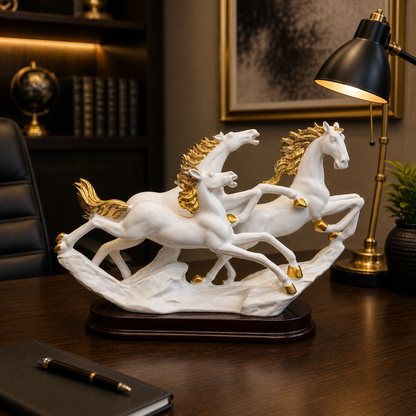 White and Gold Running Horse Statue