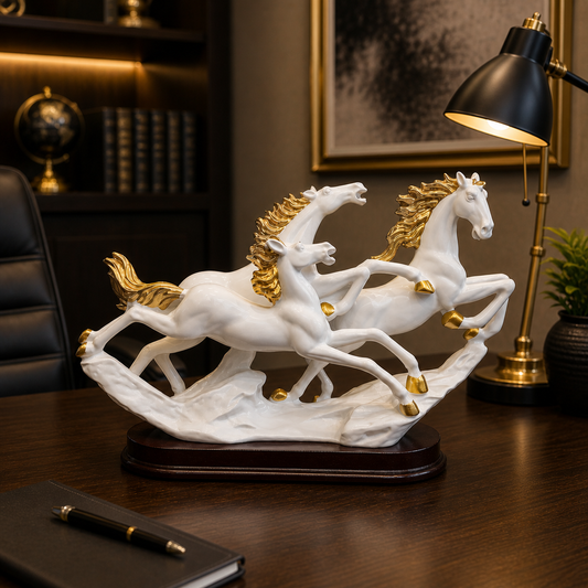 White and Gold Running Horse Statue