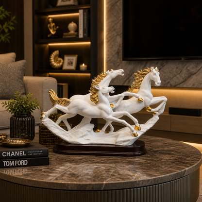 White and Gold Running Horse Statue